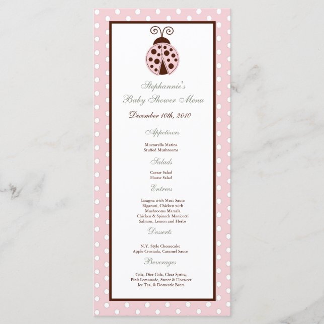 25 Menu Cards Pink Ladybug (Front)