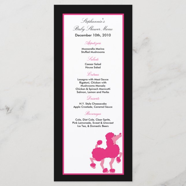 25 Menu Cards Pink Poodle Paris Eiffel Tower (Front)
