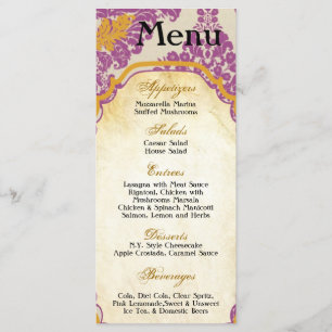 25 Menu Cards Purple Gold Damask Lace Print Patter