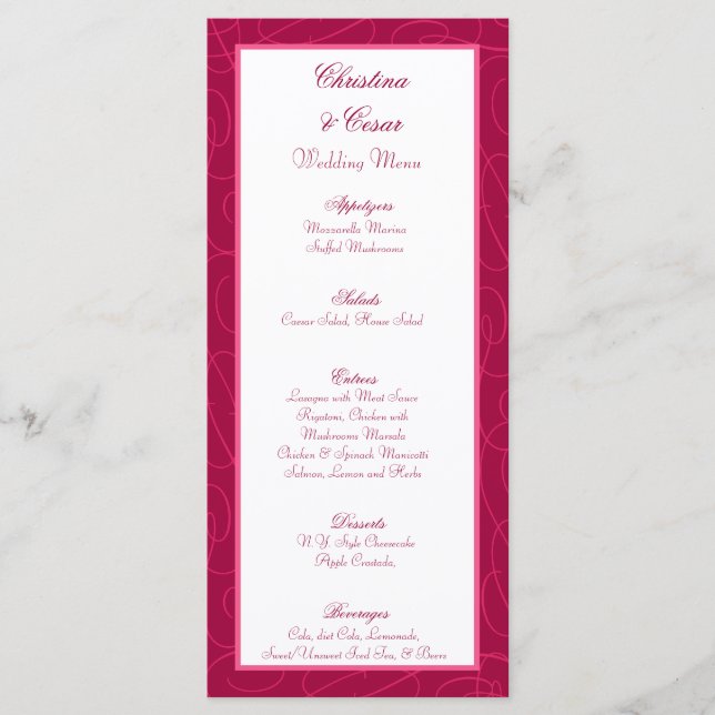 25 Menu Cards Raspberry Pink Loops/Swirls Blush Be (Front)