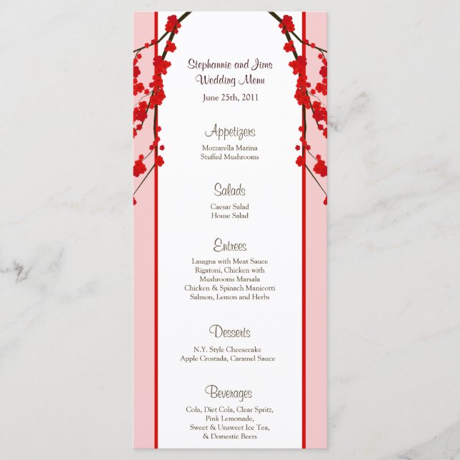 25 Menu Cards Red Cherry Blossom (Front)