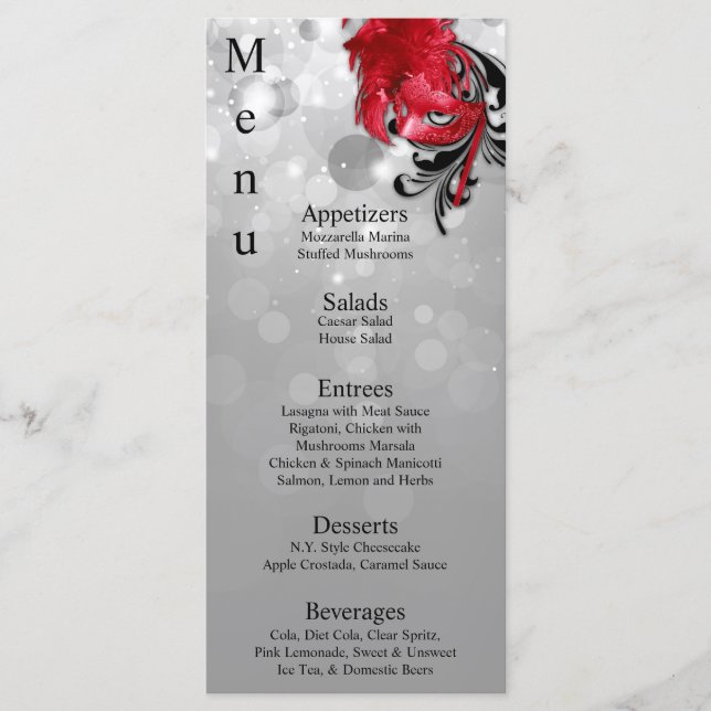 25 Menu Cards Red on Silver Masquerade Christmas (Front)