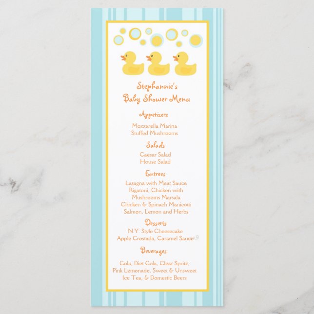 25 Menu Cards Rubber Ducky Bubbles (Front)