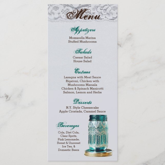 25 Menu Cards Rustic Country Mason Jar Lace Print (Front)