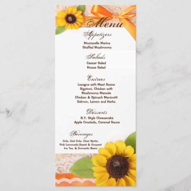 25 Menu Cards Rustic Sunflower Country Lace Parchm (Front)
