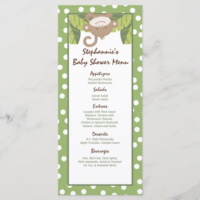 25 Menu Cards Safari Jungle Monkey Green (Front)