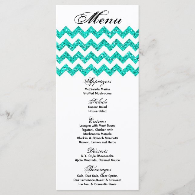 25 Menu Cards Teal Glitter Chevron Zig Zag Print (Front)