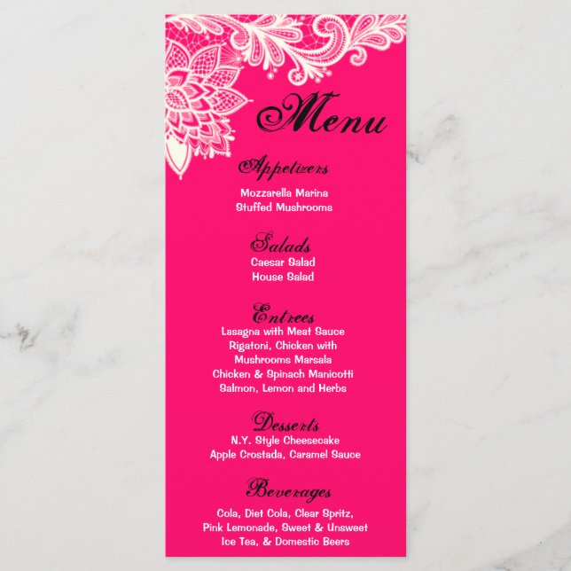 25 Menu Cards Vintage Victorian Lace Pink (Front)