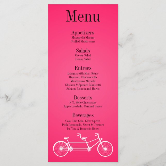 25 Menu Cards Whimsical Hot Pink Black Double Bike (Front)