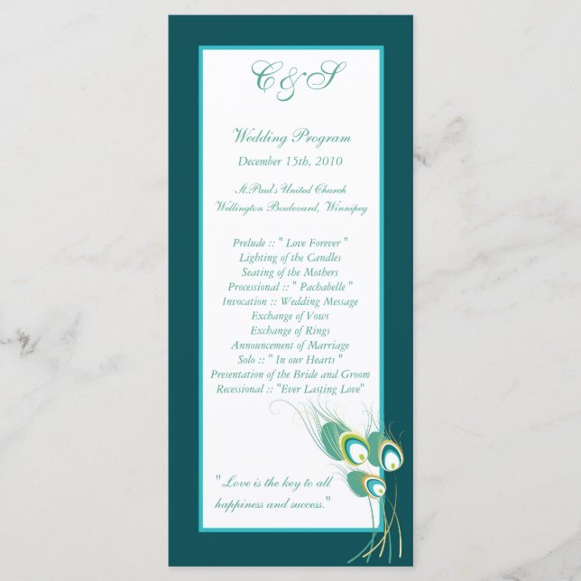 25 Modern Teal Peacock Wedding Programs Programme (Front)