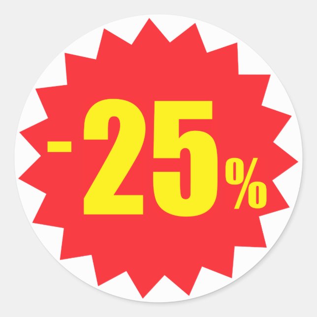 25 percent sale discount stickers, white and red classic round sticker (Front)