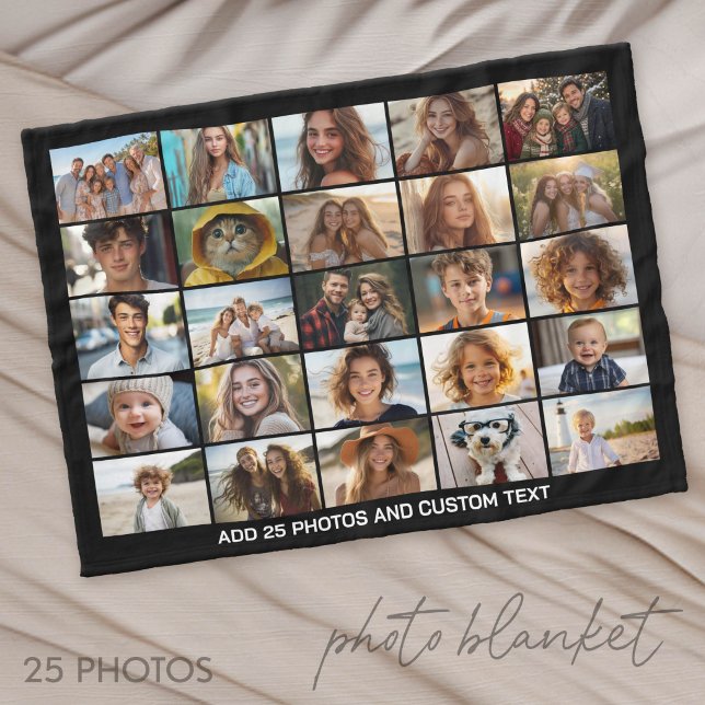 25 Photo Collage - Custom Text - Black Fleece Blanket (Photo Blanket - Customize with your favorite pictures)