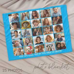 25 Photo Collage - Custom Text - Blue Fleece Blanket