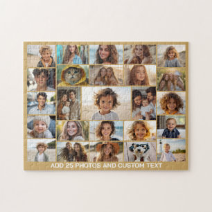 25 Photo Collage - Custom Text - Champagne Gold Jigsaw Puzzle