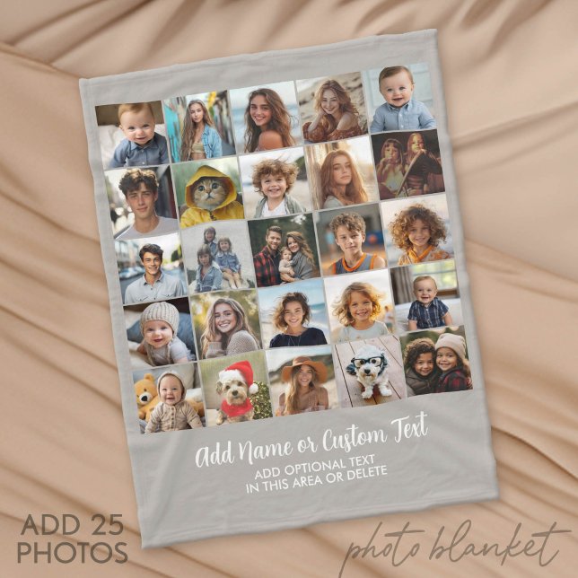25 Photo Collage - Custom Text - Neutral Fleece Blanket (Custom Fleece Blanket with Photo Collage for Family and Friends)