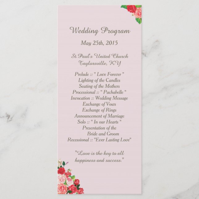 25 Pik and Red Roses Floral Wedding Programs Programme (Front)