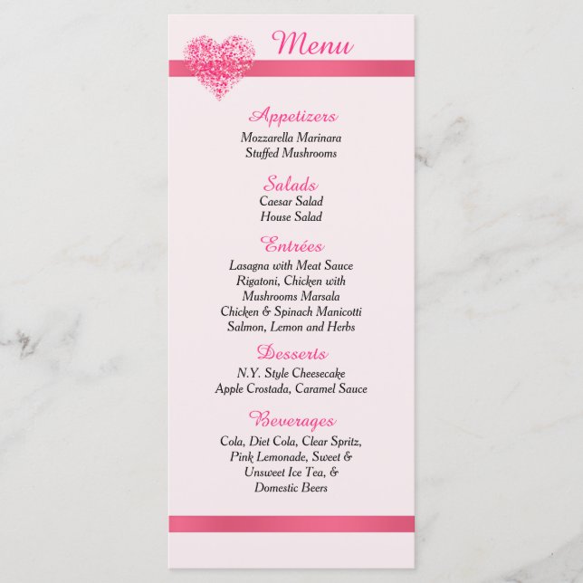 25 Pink Confetti Heart Spring Menu Cards (Front)