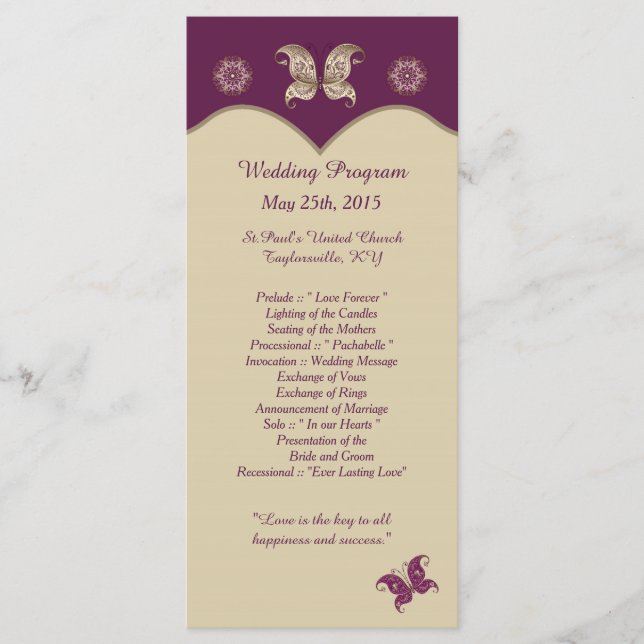 25 Purple Gold Butterfly Wedding Programs Programme (Front)