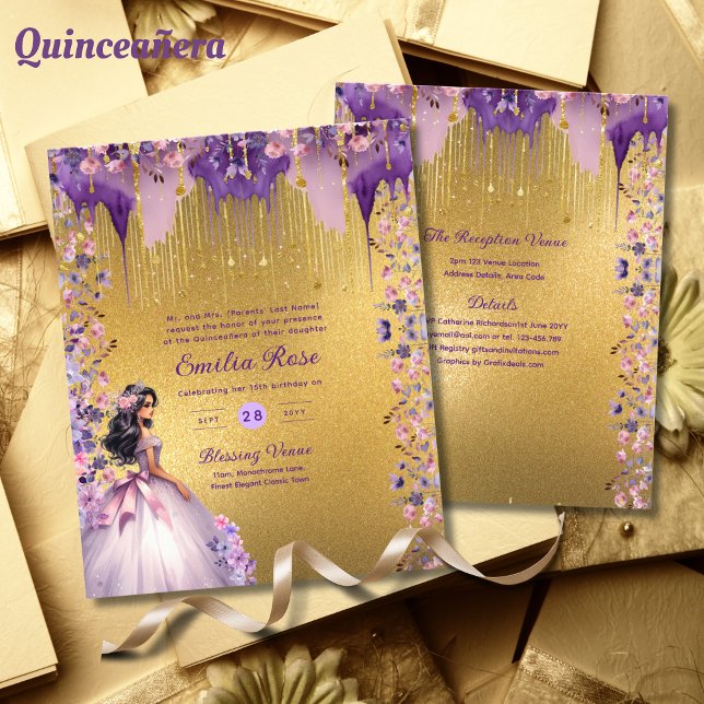 25 Purple Gold Sparkle Quinceanera Dress Floral Flyer (Creator Uploaded)