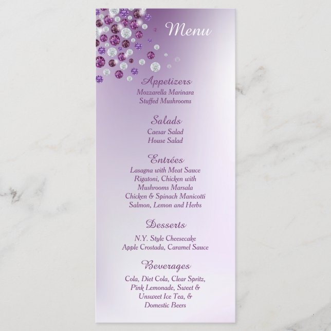 25 Purple White Diamond Reception Menu Cards (Front)