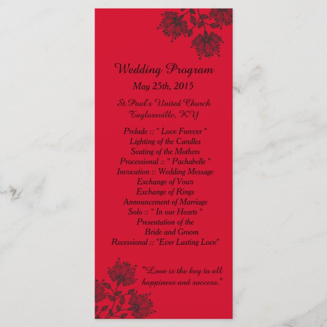 25 Red and Black Floral Wedding Programs Programme (Front)