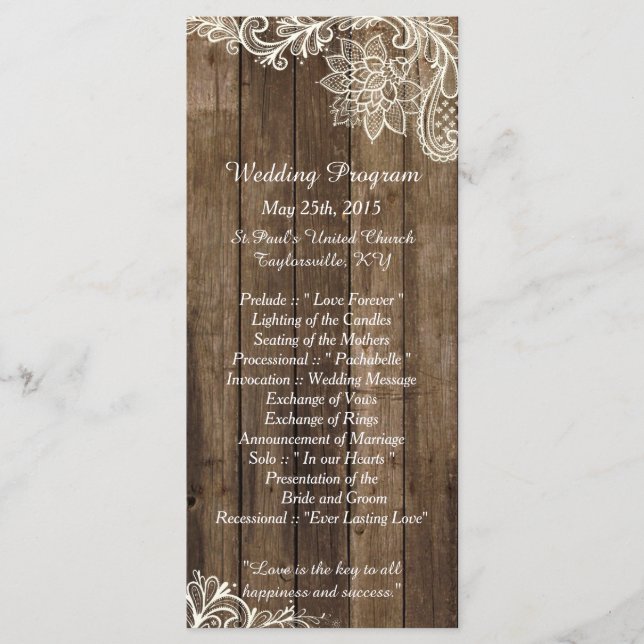 25 Rustic Lace Wood Country Wedding Programs Programme (Front)