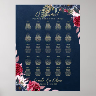 25 Table Burgundy Blue Floral Gold SEATING CHART