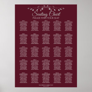 25 Table Elegant Burgundy Wedding Seating Chart