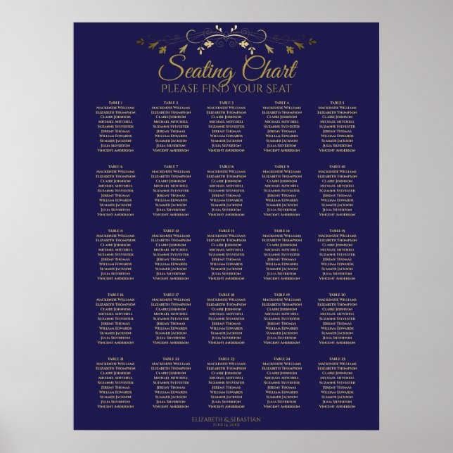 25 Table Elegant Gold & Navy Wedding Seating Chart (Front)