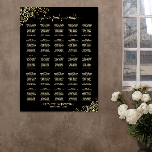 25 Table Gold & Black Wedding Seating Chart (In Situ on Wall)