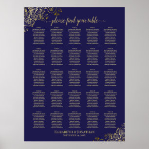 25 Table Gold & Navy Blue Wedding Seating Chart