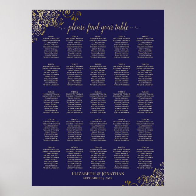 25 Table Gold & Navy Blue Wedding Seating Chart (Front)
