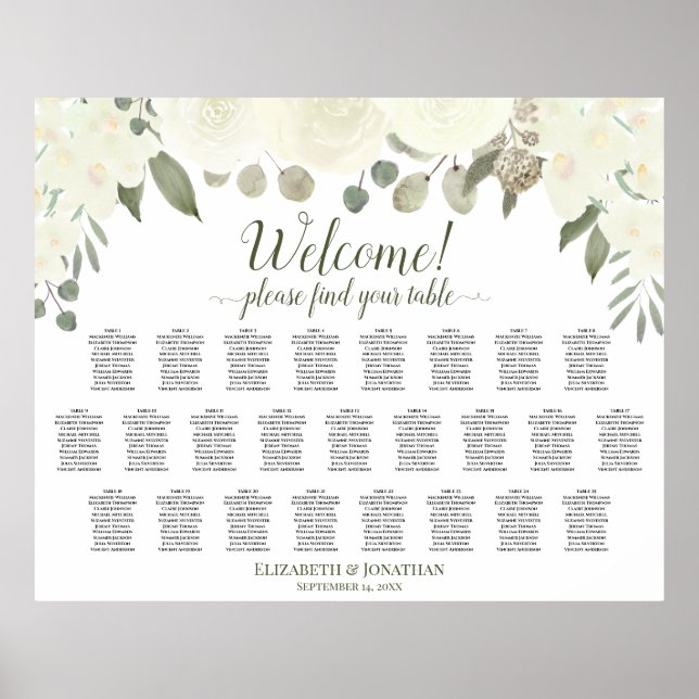 25 Table Ivory White Roses Wedding Seating Chart (Front)