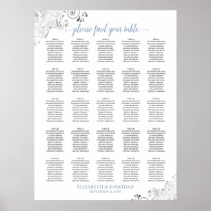 25 Table Lacy Wedding Seating Chart White & Blue