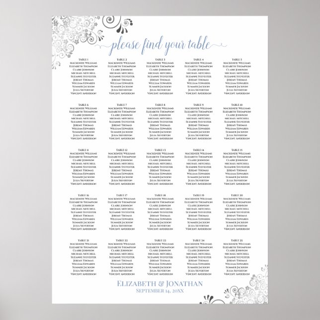 25 Table Lacy Wedding Seating Chart White & Blue (Front)