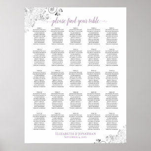 25 Table Lacy Wedding Seating Chart White Lavender
