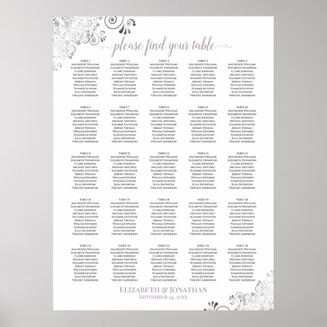 25 Table Lacy Wedding Seating Chart White Lavender (Front)