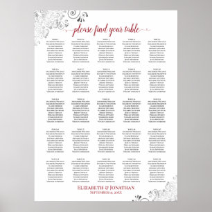 25 Table Lacy Wedding Seating Chart White & Red