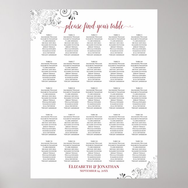 25 Table Lacy Wedding Seating Chart White & Red (Front)
