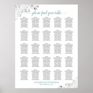 25 Table Lacy Wedding Seating Chart White & Teal