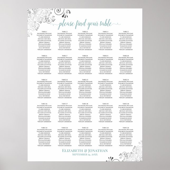 25 Table Lacy Wedding Seating Chart White & Teal (Front)
