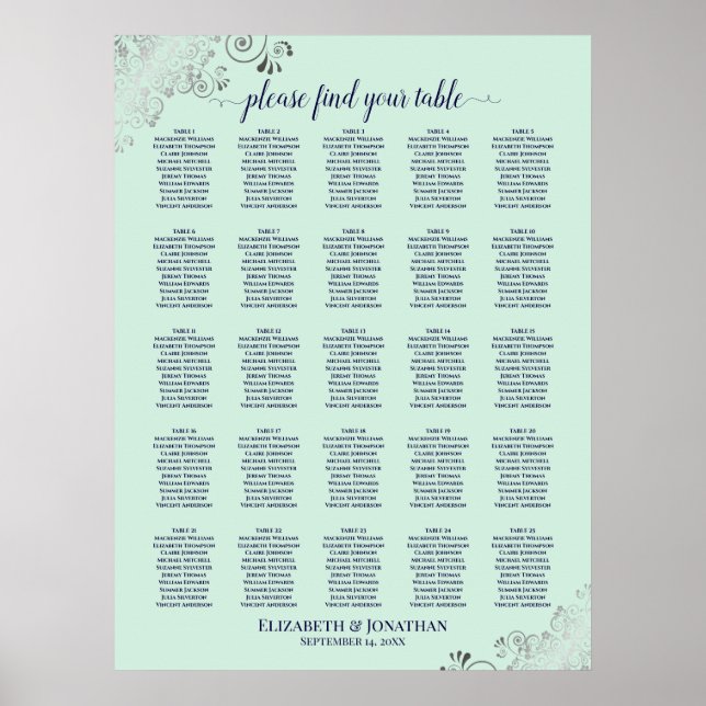25 Table Navy & Mint Green Wedding Seating Chart (Front)