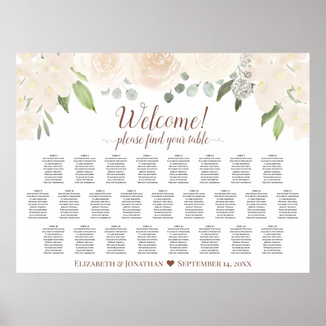 25 Table Pale Blush Peach Boho Roses Seating Chart (Front)