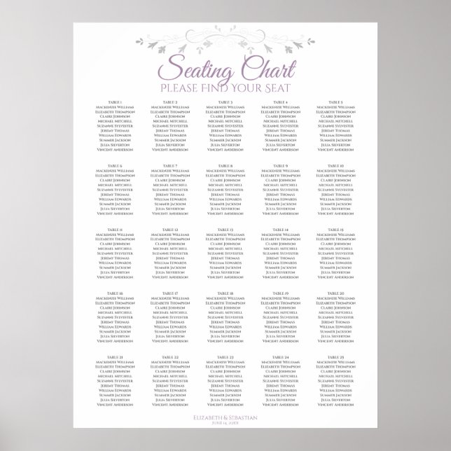 25 Table Purple Gray Elegant Wedding Seating Chart (Front)