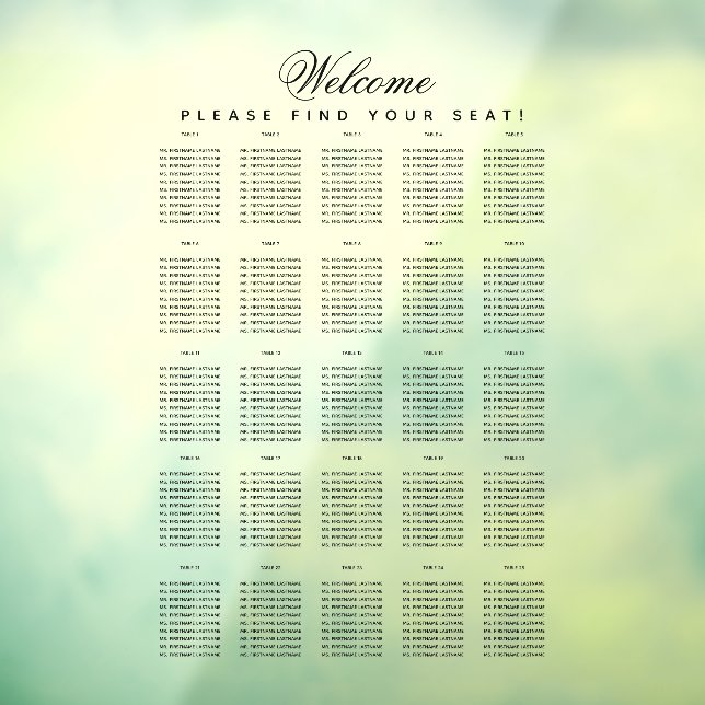 25 Table Seating Chart Transparent Script Simple Window Cling (Sheet 3)
