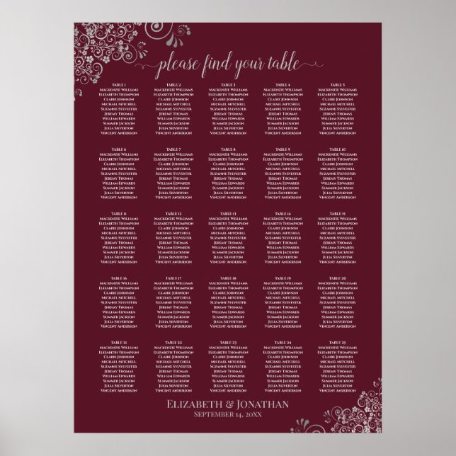 25 Table Silver & Burgundy Wedding Seating Chart (Front)