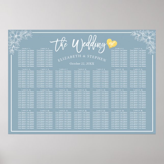 25 Tables Blue White Floral Wedding Seating Chart (Front)
