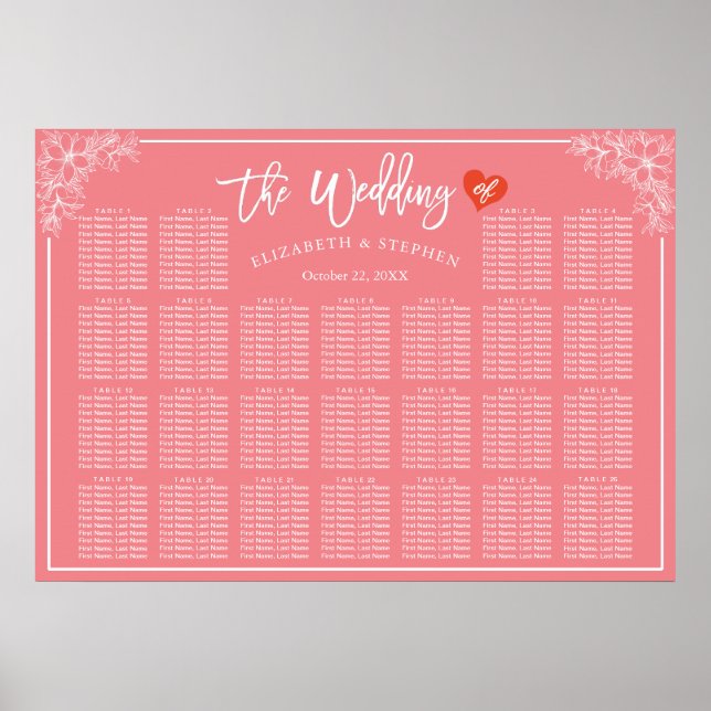 25 Tables Pink White Floral Wedding Seating Chart (Front)