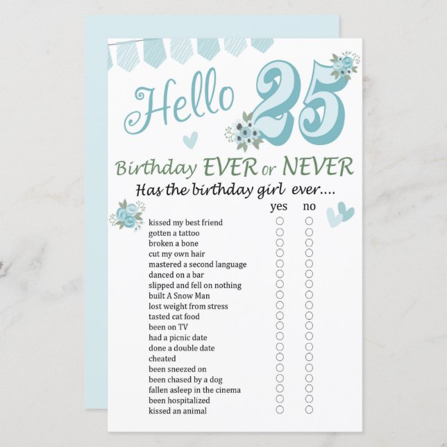 25 th Birthday Ever or Never Game (Front/Back)