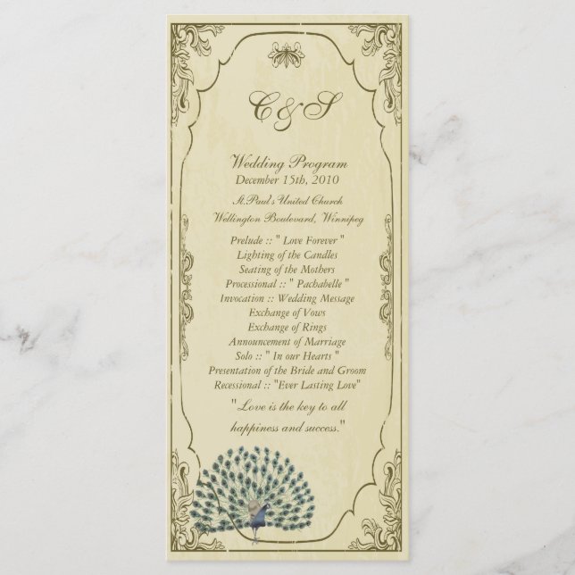 25 Vintage Peacock Wedding Programs Programme (Front)